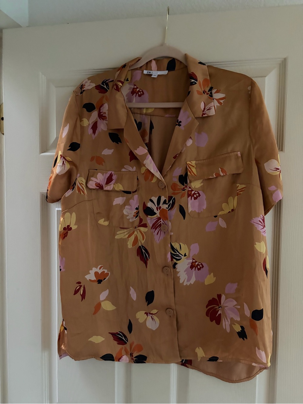 DR2 Camel Floral Button-Down Blouse